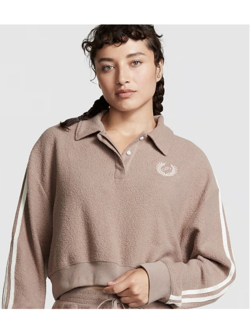 Victoria's Secret PINK Brown Reversible Fleece Cropped Polo Sweatshirt
